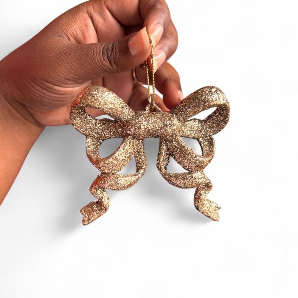 Gold Glitter Bow Curly Ribbon Xmas Ornament Coquette Luxe Diva Holiday Decor 90s